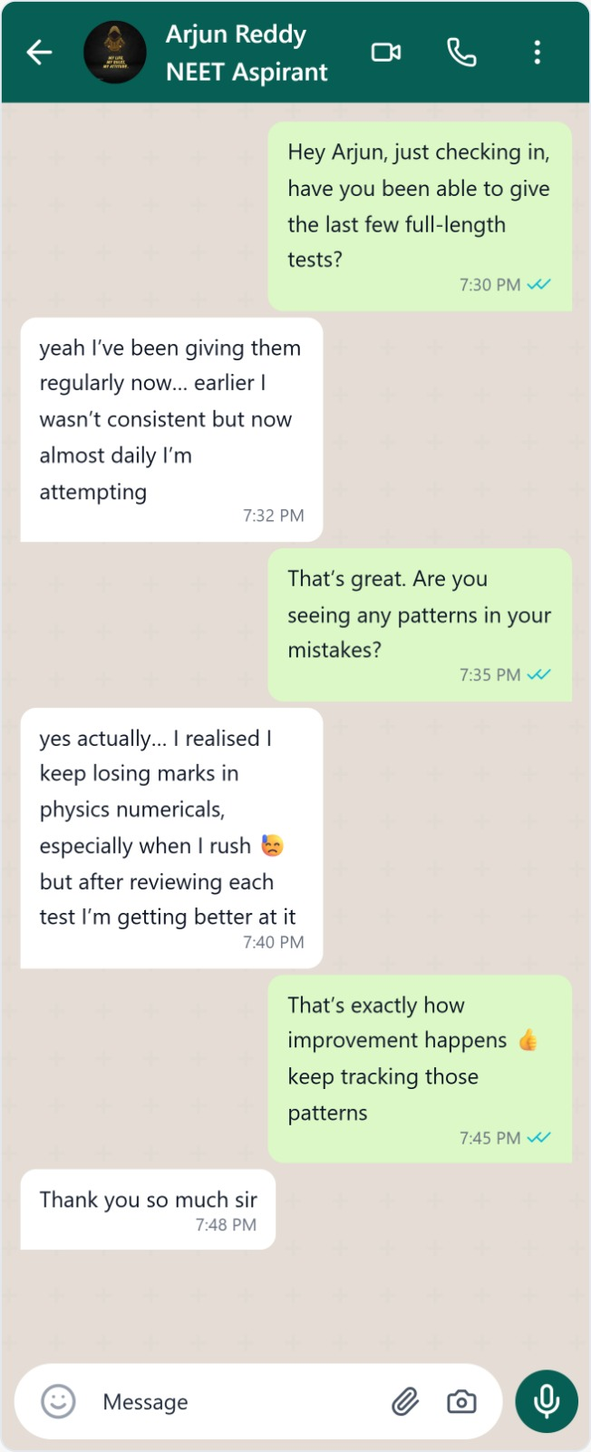 Student WhatsApp message